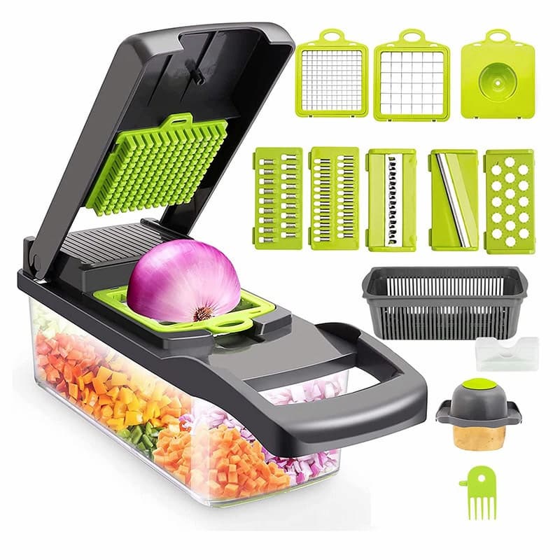 All-in-One Vegetable Chopper & Slicer – 14-in-1 Manual Food Cutter with Interchangeable Blades